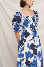 Load image into Gallery viewer, Blue Puff Sleeve Floral Midi Dress