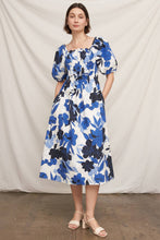 Load image into Gallery viewer, Blue Puff Sleeve Floral Midi Dress