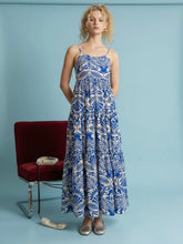 Load image into Gallery viewer, Cream/ Blue Tiered Maxi Dress